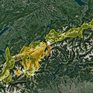 Die Streifgebiete von Luzerna (95% Kernel) für April 2021 bis März 2022 in gelb und in orange für April 2022 bis März 2023