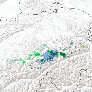 Bewegungen von Fortunat (dunkelblau), Luzerna (hellblau), Finja (hellgrün) und Fredueli (dunkelgrün) im August und September des Auswilderungsjahres